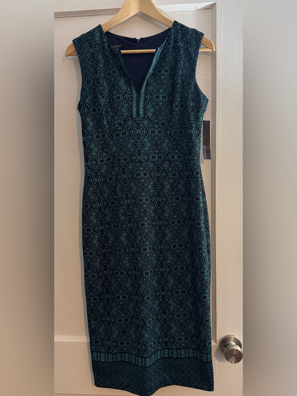 Adore Teal Geometric V-Notch Midi Dress